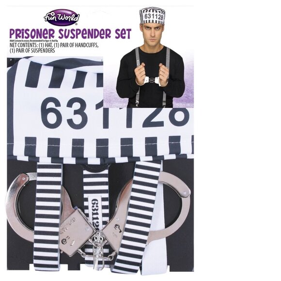 Convict Jailbird Prisoner White Black Suspender 3 Pc Halloween Accessory Kit - Picture 2 of 5